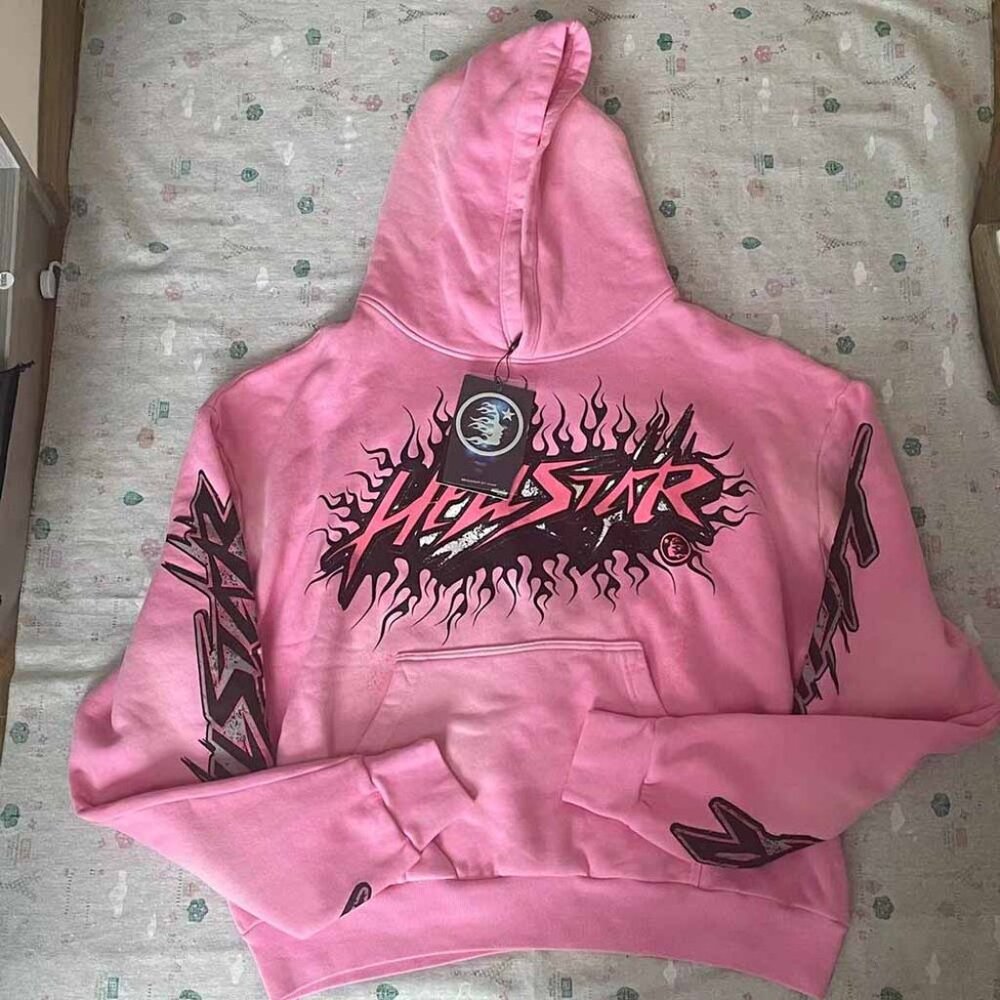 Hellstar Logo Print Pink Hooded Fleece Sweatshirt